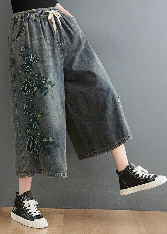Blue Elastic Waist Drawstring Embroideried Pockets Cotton Denim Crop Pants Summer