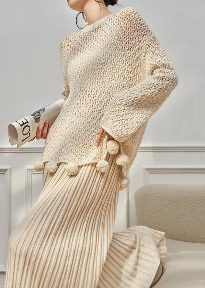 Loose Beige O Neck Hollow Out Fuzzy Ball Decorated Knit Two Pieces Set Fall