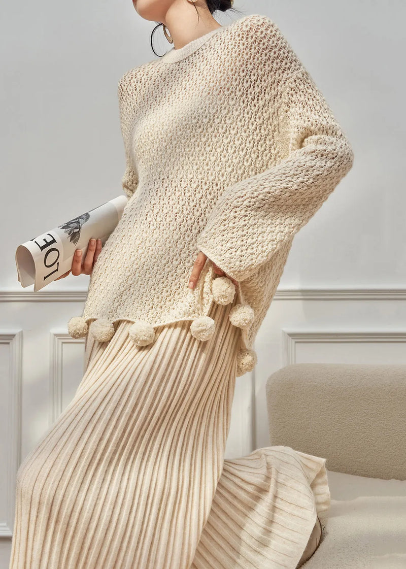 Loose Beige O Neck Hollow Out Fuzzy Ball Decorated Knit Two Pieces Set Fall