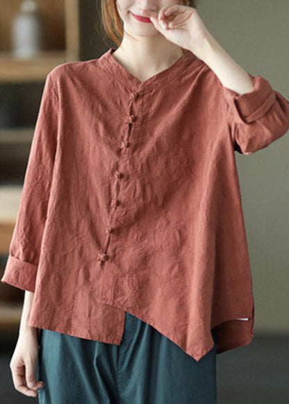 Boutique Brick Red O-neck Asymmetrical Low High Design Button Shirt Long Sleeve