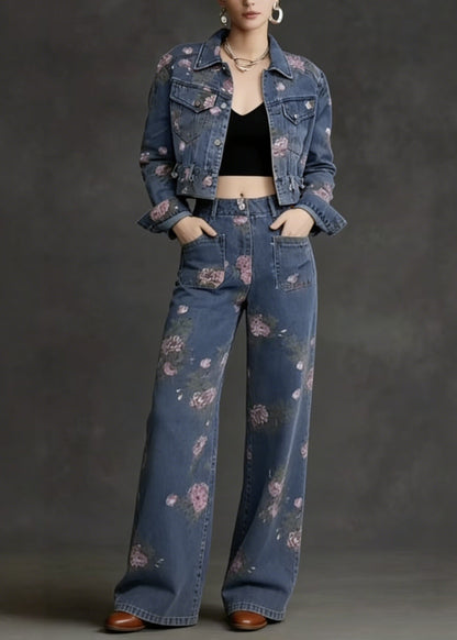 French Peter Pan Collar Print Pockets Denim Two Piece Suit Set Spring