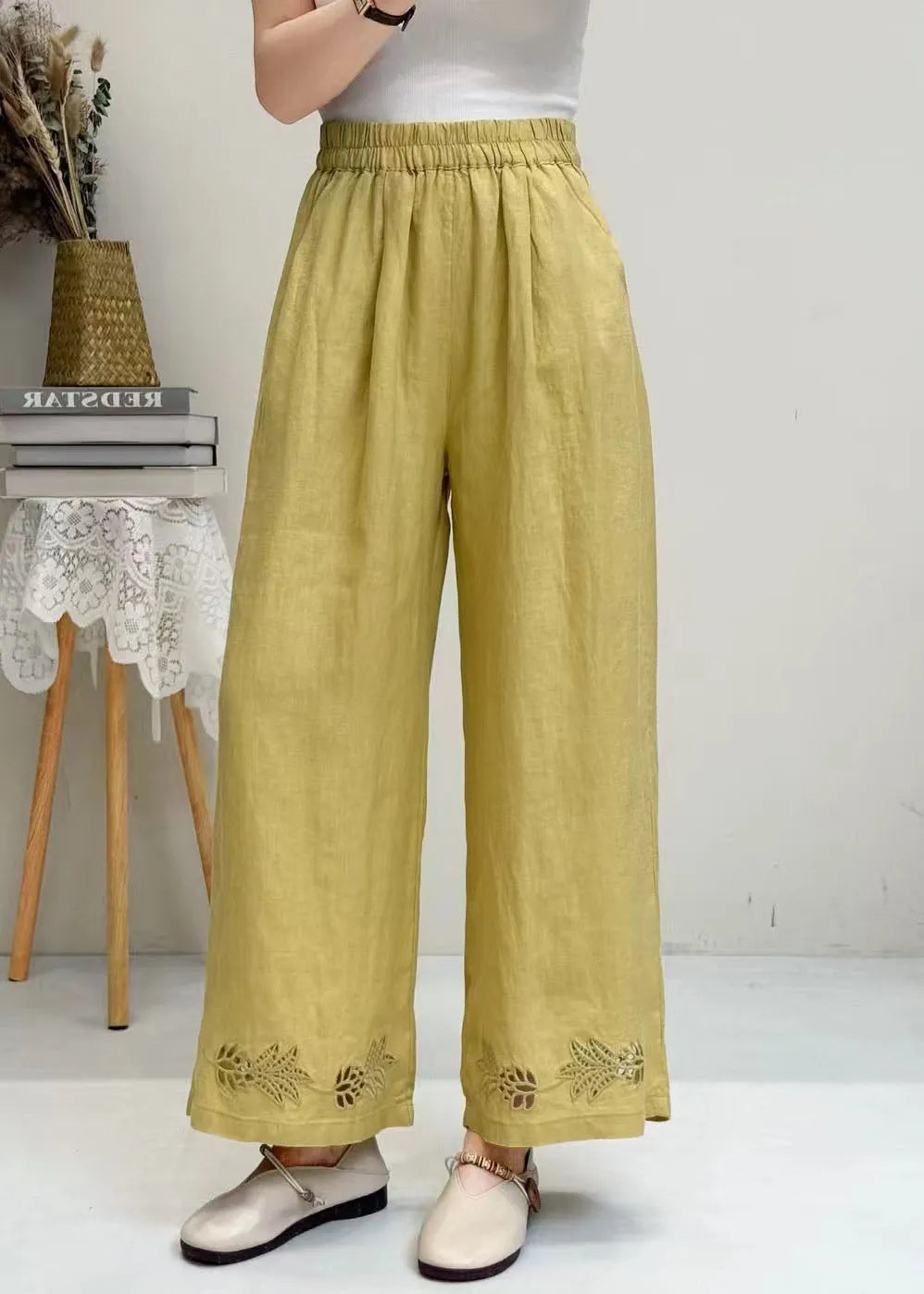 Italian White Embroidered Hollow Out Linen Wide Leg Pants Summer