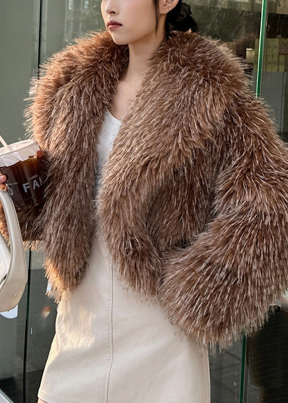 Khaki Raccoon Hair Collar Leather and Fur Coat Winter