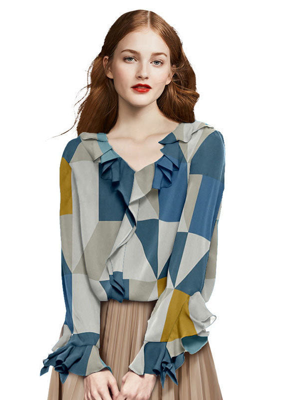 Colorblock V Neck Print Ruffles Chiffon Shirt Spring