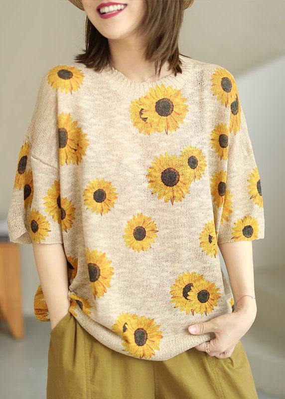 Khaki Knit O-neck Loose Fall Half Sleeve Top