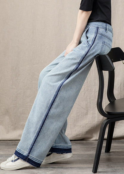Blue Pockets Patchwork Denim Wide Leg Pants Spring