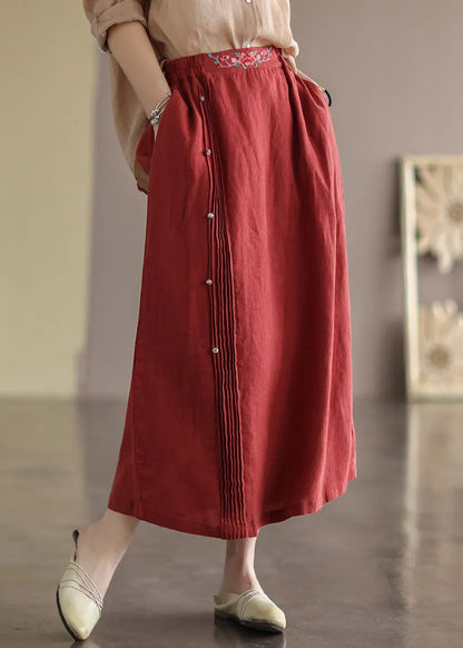 Red Wrinkled Embroideried Patchwork Cotton Skirts Summer