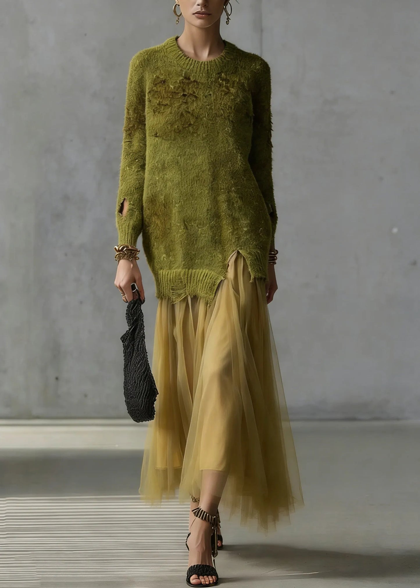 Green O Neck Tulle Patchwork Knit Dresses Spring