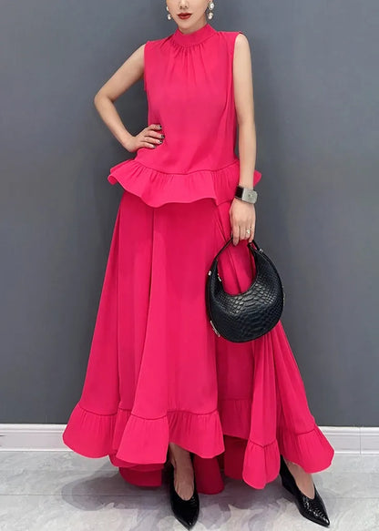 Organic Green O-neck Ruffled Top and Maxi Skirts Two Piece Set Sleeveless