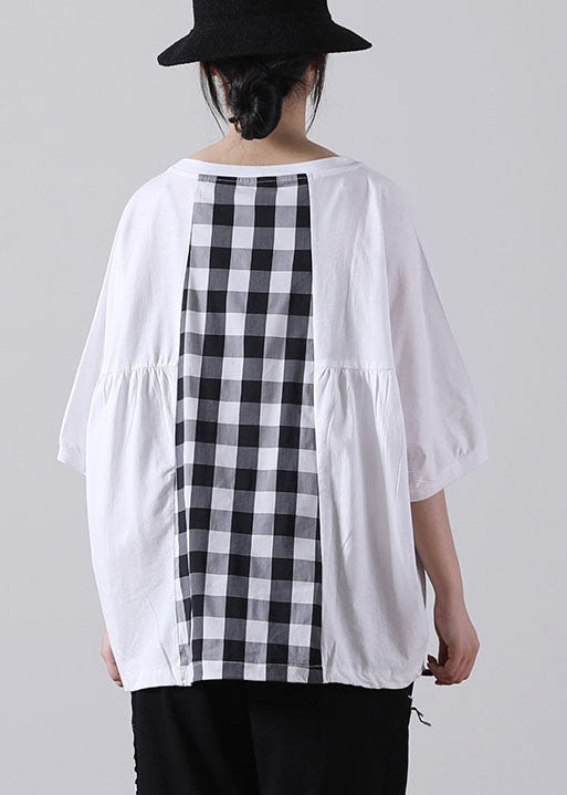 White Patchwork Cotton Shirt Top O-neck Asymmetrical Short Sleeve