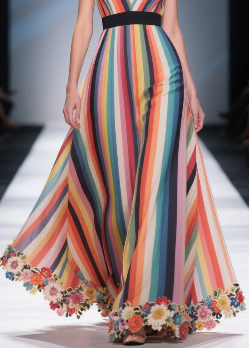 Rainbow Striped Patchwork Flower Chiffon Tunic Dress Summer