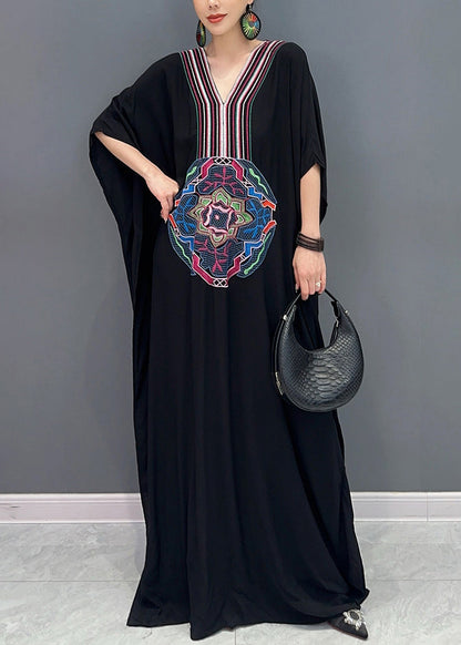 Loose Black V Neck Print Cotton Long Dresses Batwing Sleeve