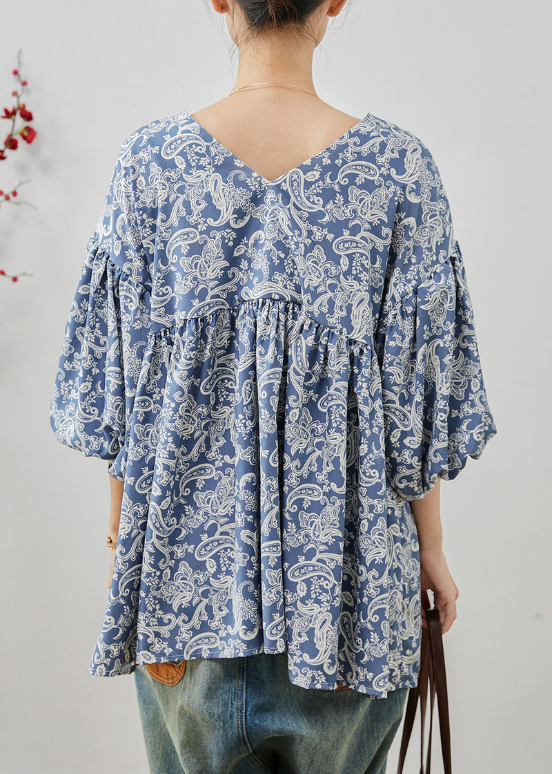 Blue Oversized Print Cotton Shirts Summer