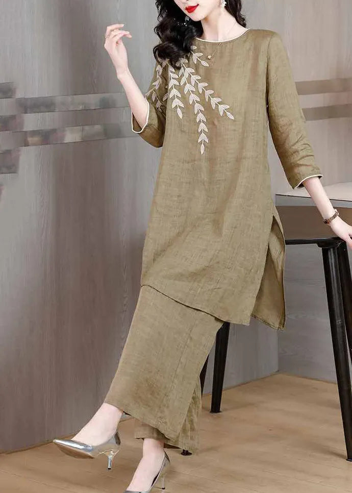 Organic Coffee Embroidered Side Open Linen Two Pieces Set Summer