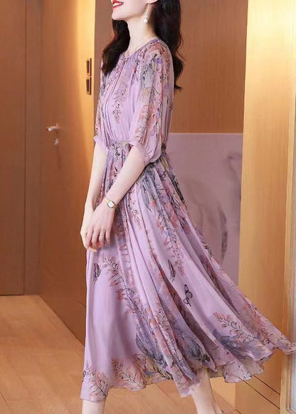 Purple O-neck Print Chiffon Maxi Dresses Summer