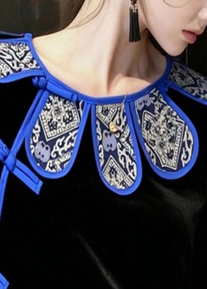 Black Chinese Button Silk Velour Oriental Shirts Spring