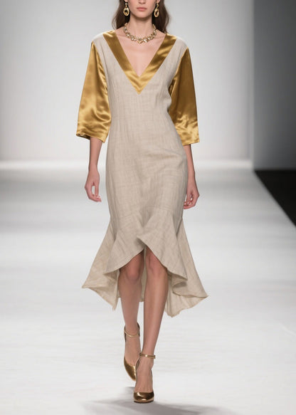 Colorblock Ruffled Patchwork Linen Silk Dresses Summer