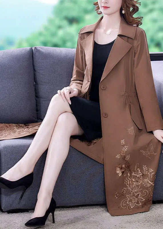 Khaki Spandex Cinch Trench Coat Notched Collar Fall