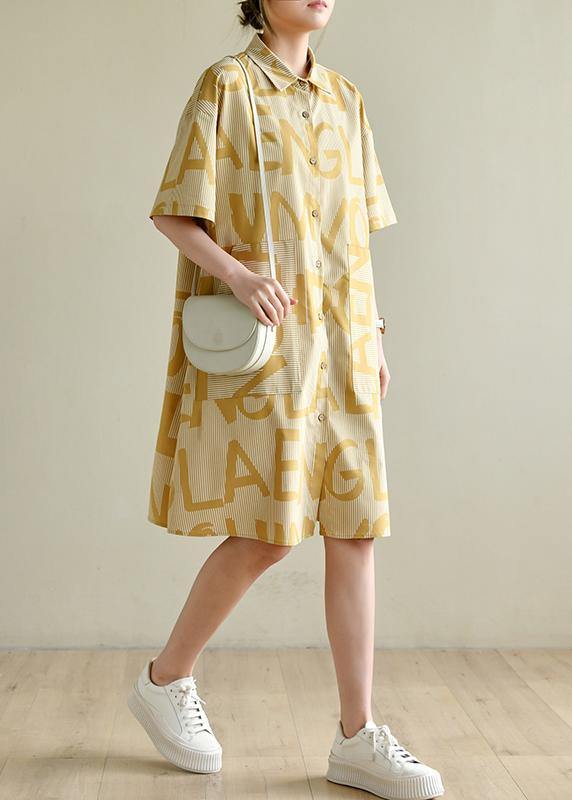 Yellow Cinched Peter Pan Collar Cotton Dress Graphic Dress