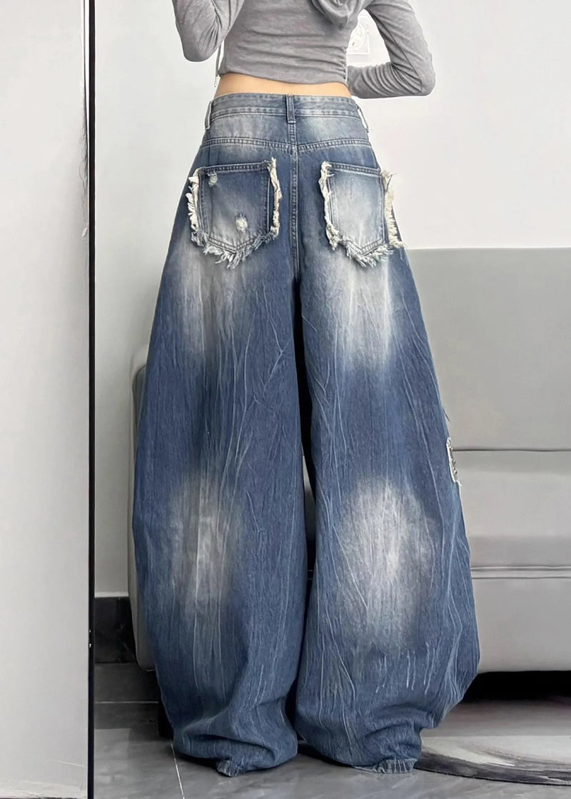 Unique Blue Oversized Rivet Warm Fleece Denim Pants Winter