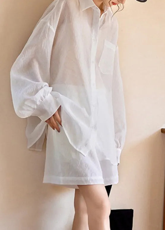 Simple White Pockets Shirts and Shorts Two Piece Suit Set Long Sleeve Spring