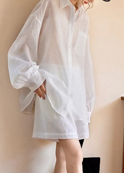 Simple White Pockets Shirts and Shorts Two Piece Suit Set Long Sleeve Spring
