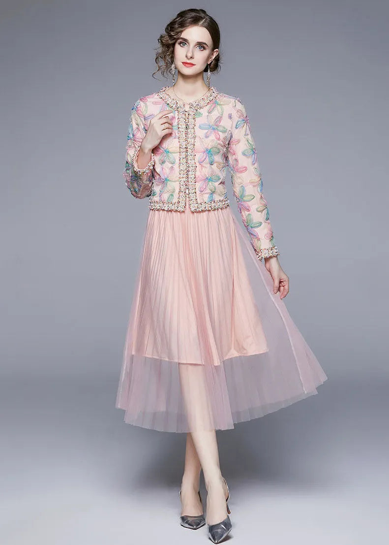 Pink O-neck Print Tulle Two Piece Suit Set Fall