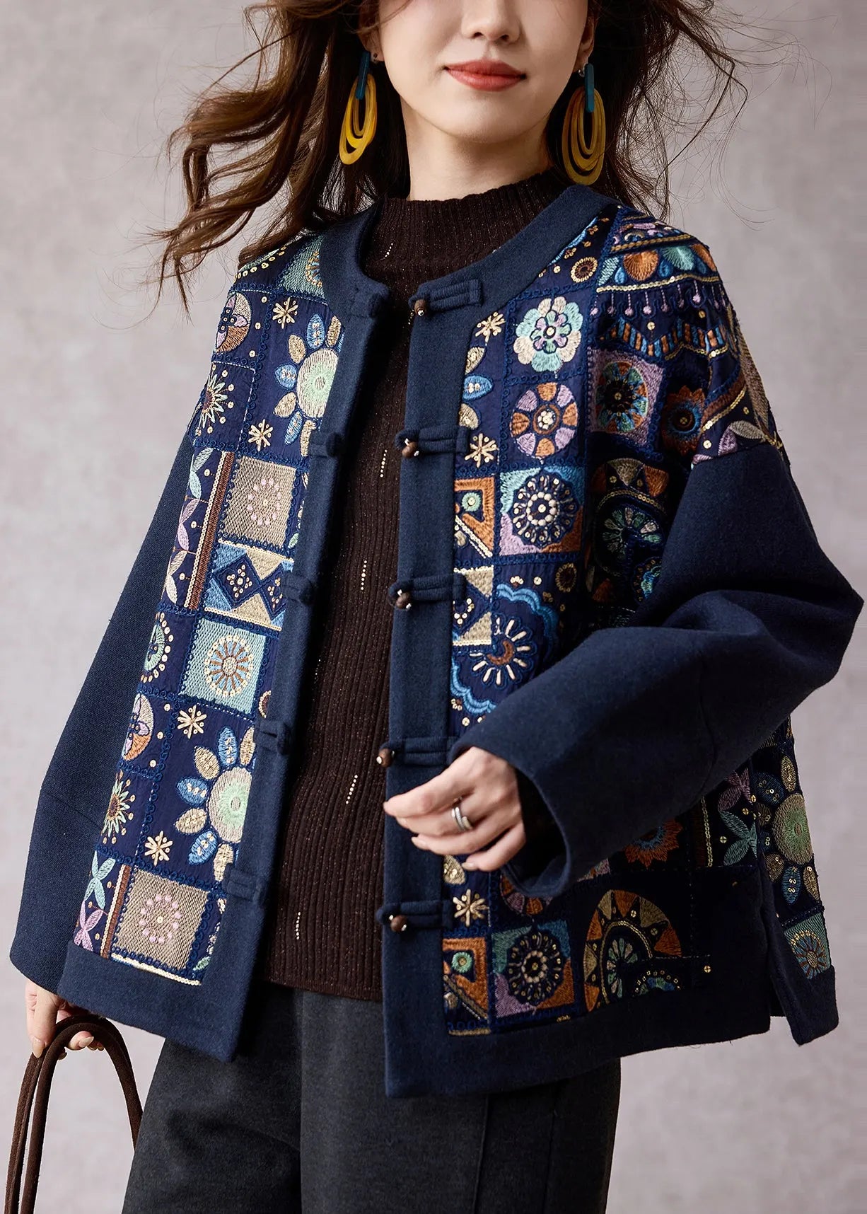 Diy Navy Embroidered Patchwork Woolen Jacket Spring