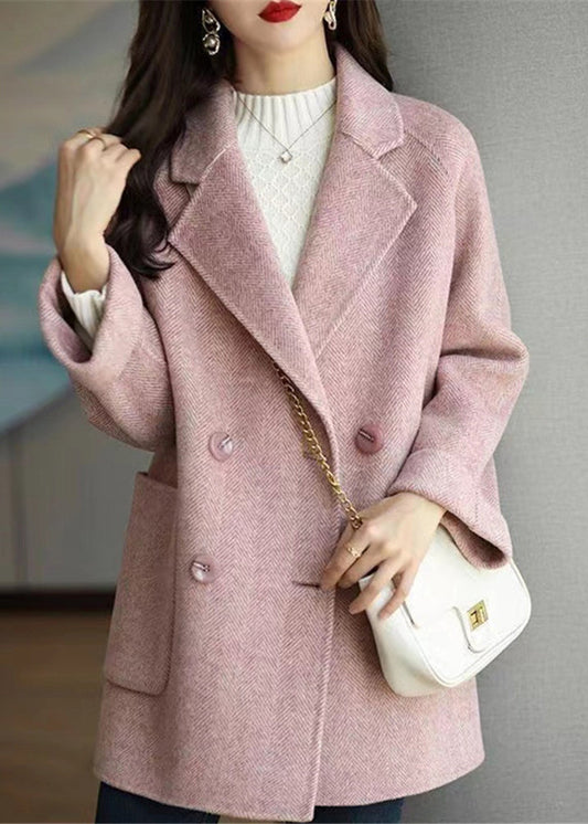 Pink Double Breast Pockets Patchwork Woolen Coats Winter