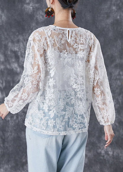 Italian White Embroideried Hollow Out Tulle Two Piece Set Fall