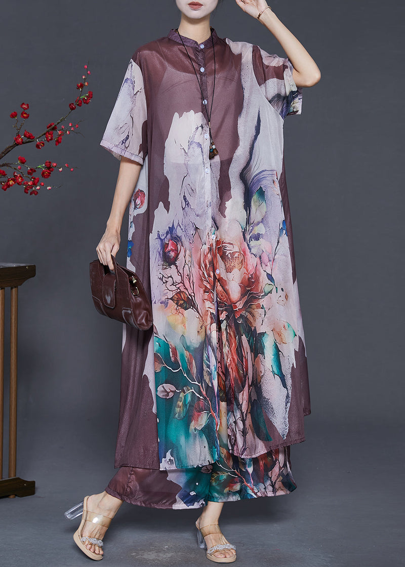 Brown Oversized Print Chiffon Two Piece Set Clothing Summer