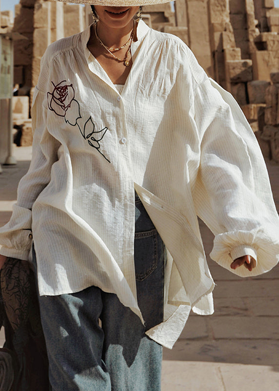 White Stand Collar Rose Cotton Top Lantern Sleeve
