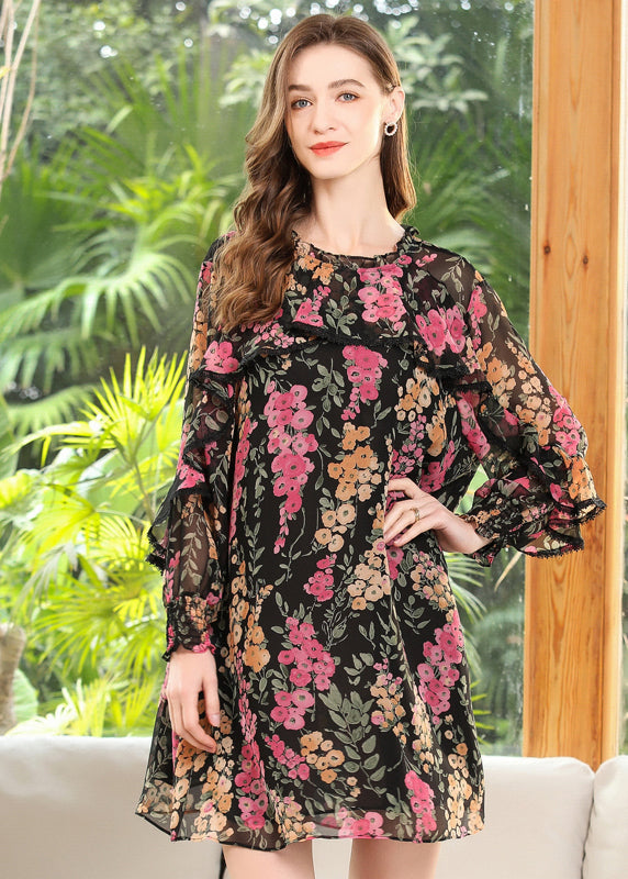 Loose Black O-neck Ruffled Print Chiffon Maxi Dress Spring
