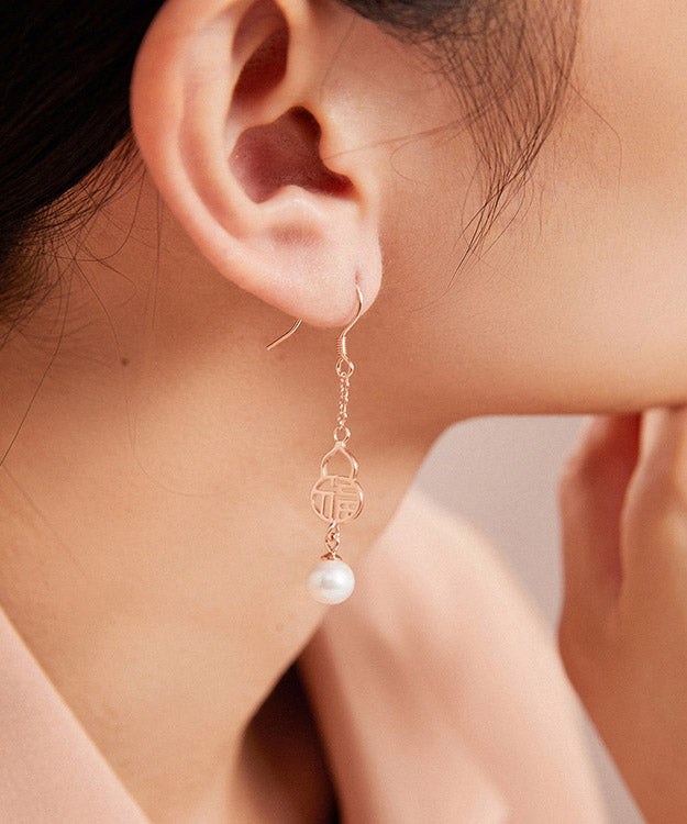 Rose Gold Sterling Silver Pearl Gourd Drop Earrings
