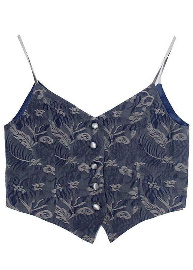 Blue Jacquard V Neck Button Spaghetti Strap Cotton Summer Tank