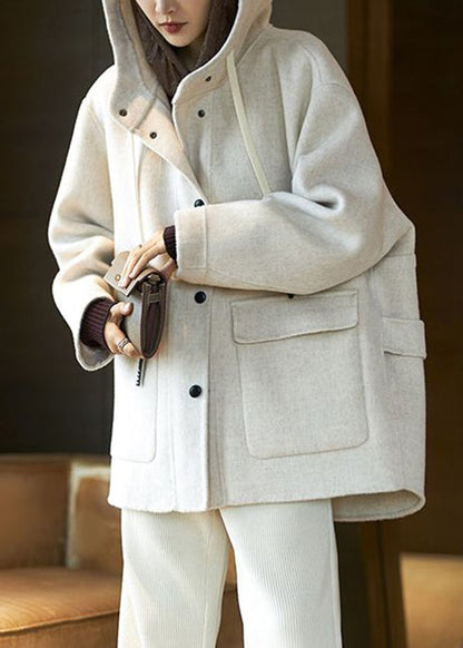 Beige Hooded Pockets Patchwork Wool Coat Spring