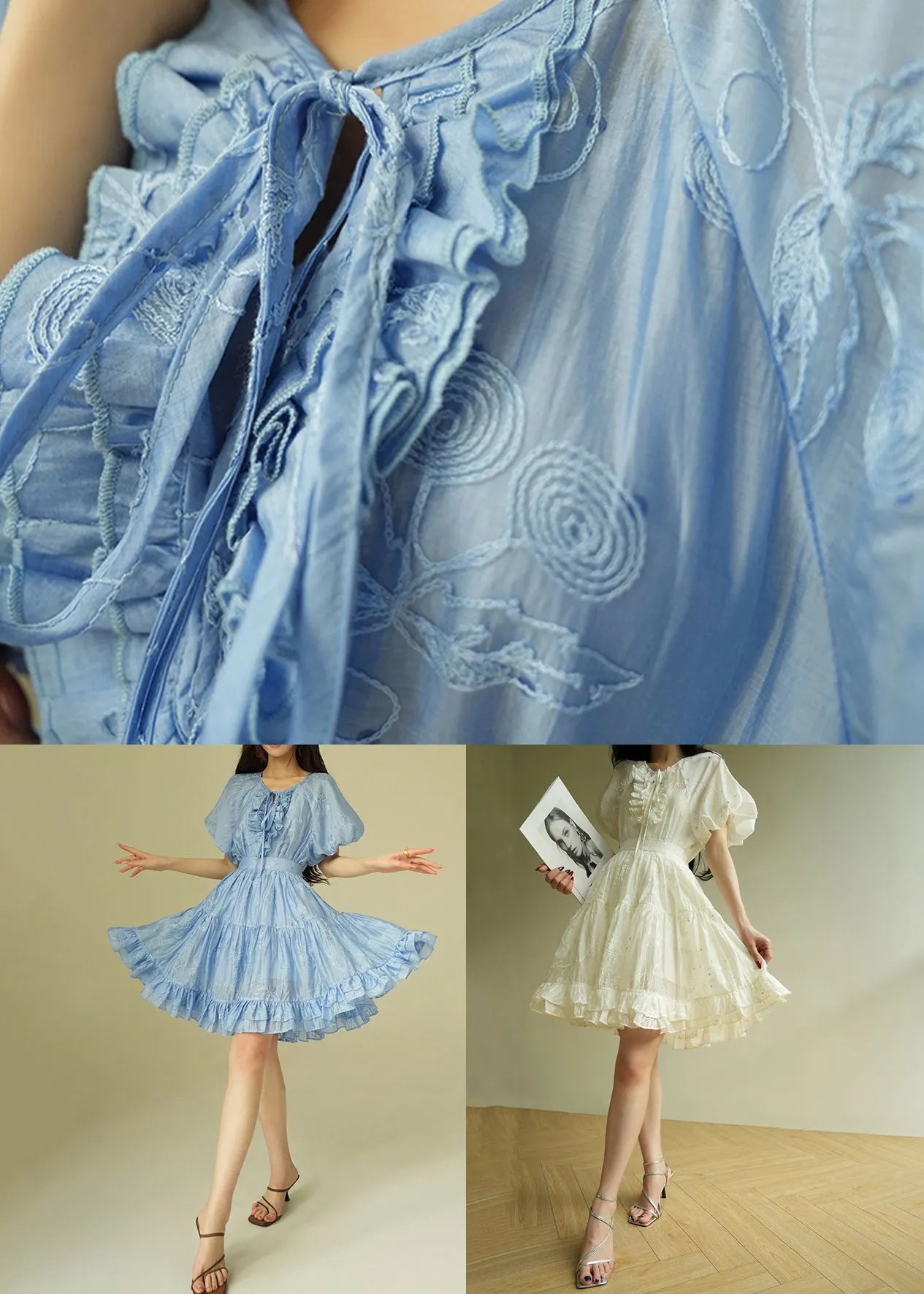 Blue Ruffled Shirts and Skirts Silk Cotton Summer Two Pieces Set Embroidered