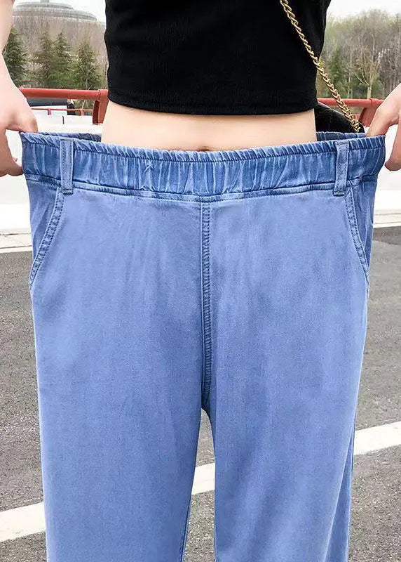 Light Blue Elastic Waist Side Open Drawstring Cotton Denim Pants Summer