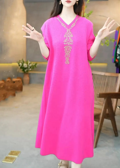Rose V Neck Zircon Knit Long Dress Winter