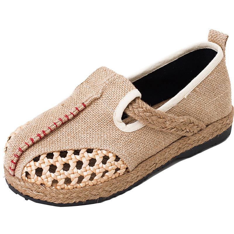 Red Flat Feet Shoes Linen Fabric Hollow Out Flats