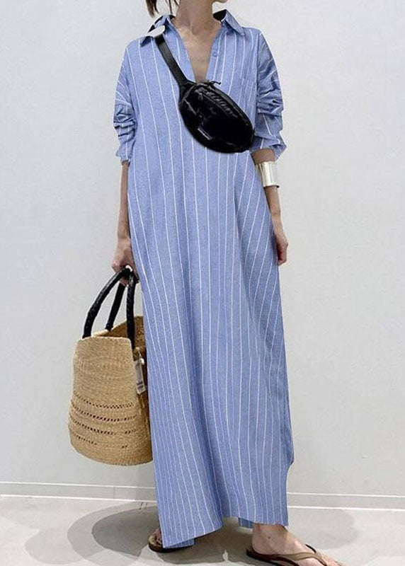 White Peter Pan Collar Striped Maxi Shirts Dresses Long Sleeve