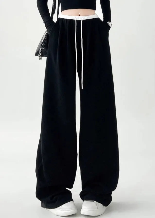 Black Pockets Tie Waist Wide Leg Pants Spring