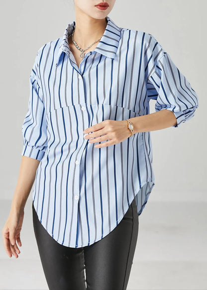 Blue Peter Pan Collar Striped Cotton Top Fall