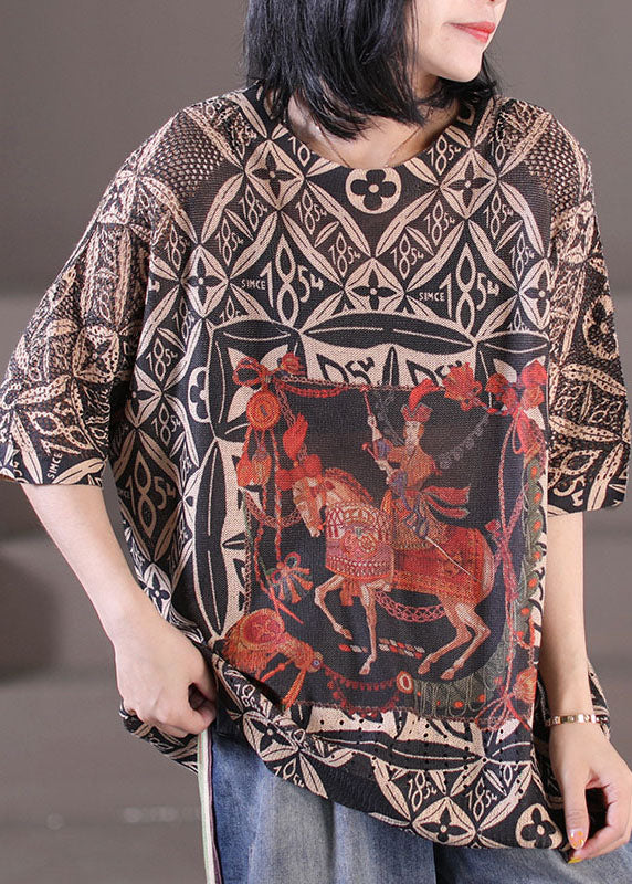 Stylish Black Print O-neck Knit Loose Tank Tops Half Sleeve