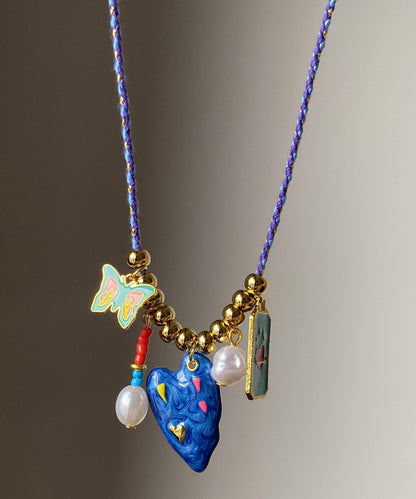 Original Design Blue Alloy Drip Glaze Love Butterfly Pendant Necklace
