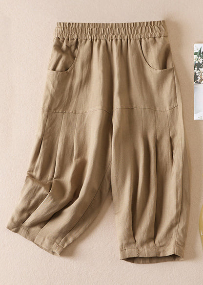 Beige Pockets Wrinkled Elastic Waist Cotton Shorts Summer