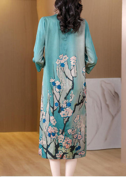 Sky Blue V Neck Print Silk Dresses Bracelet Sleeve