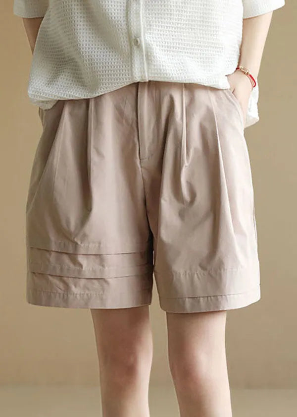 Boutique Light Pink Elastic Waist Wrinkled Pockets Cotton Shorts Summer