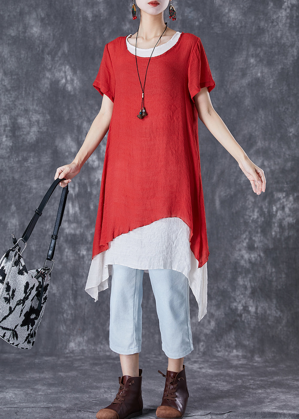 Red O-neck Asymmetrical Linen Two Pieces Set Summer