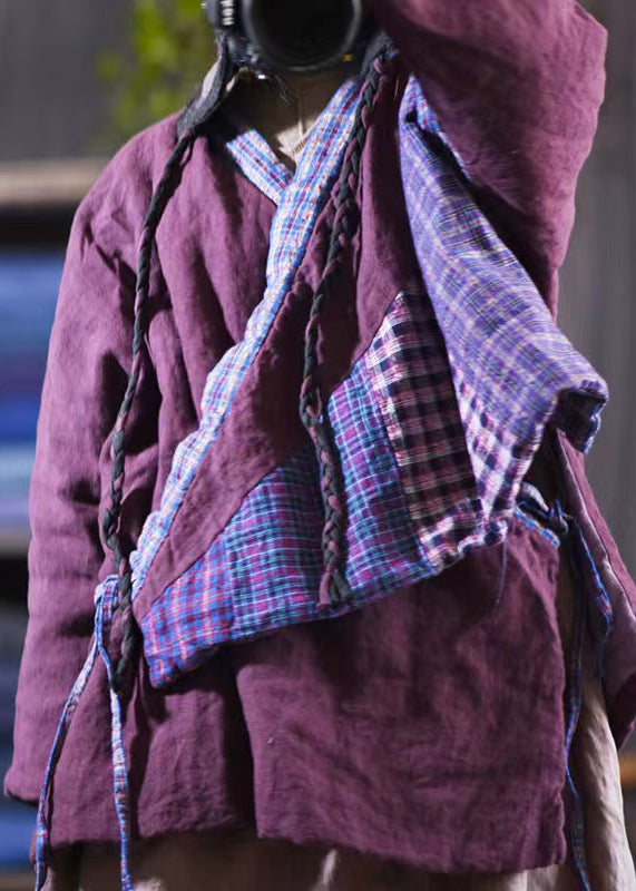 Purple V Neck Lace Up Patchwork Fine Cotton Filled Coats Winter